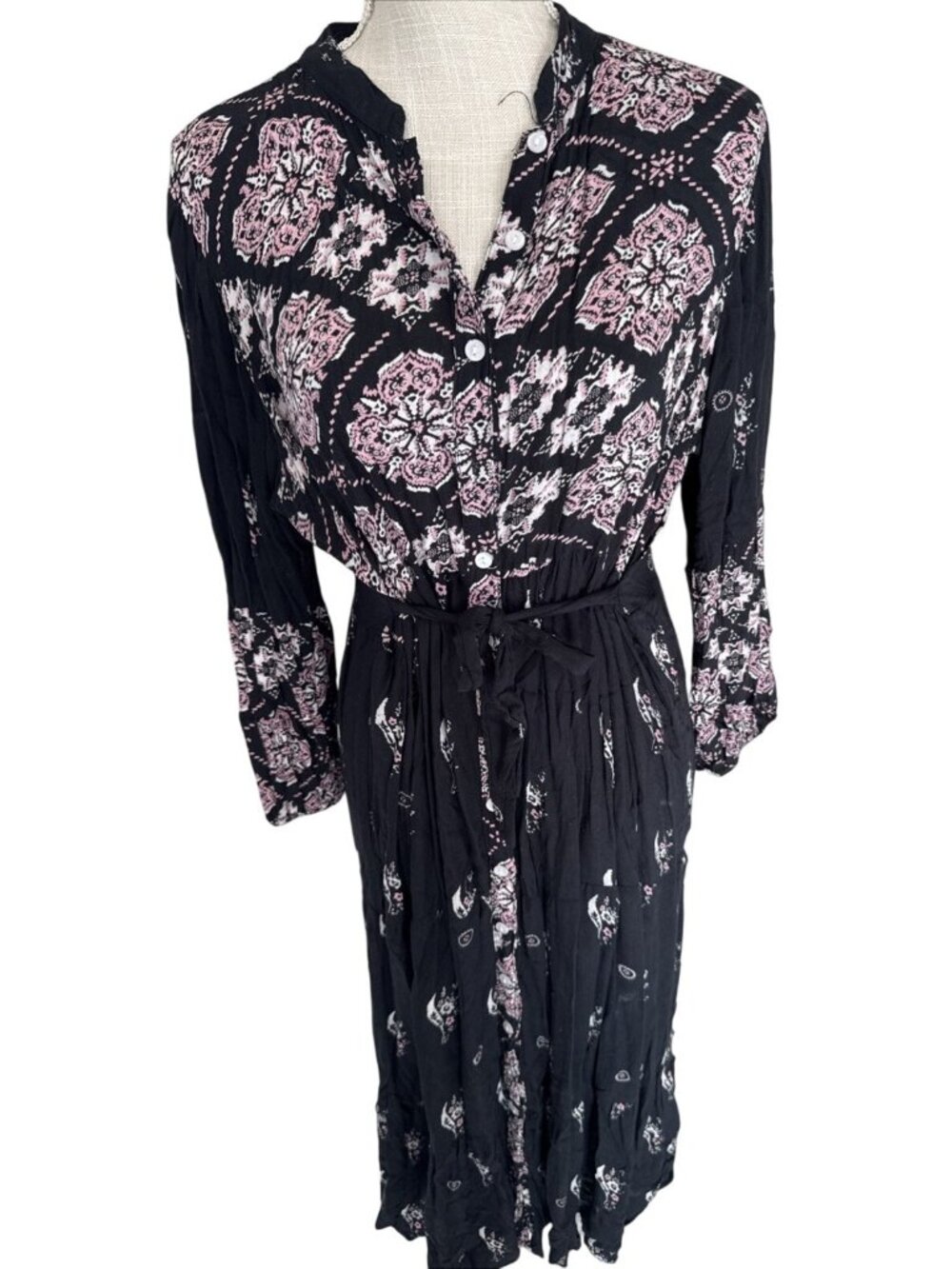 S.R. Fashion Women's Long Sleeve Black & Pink Floral Dress Size L